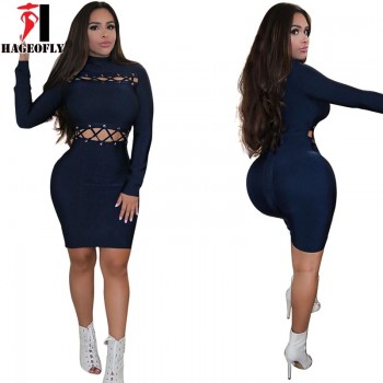 Long Sleeve Bandage Dress Rayon Hollow Out Blue Red 